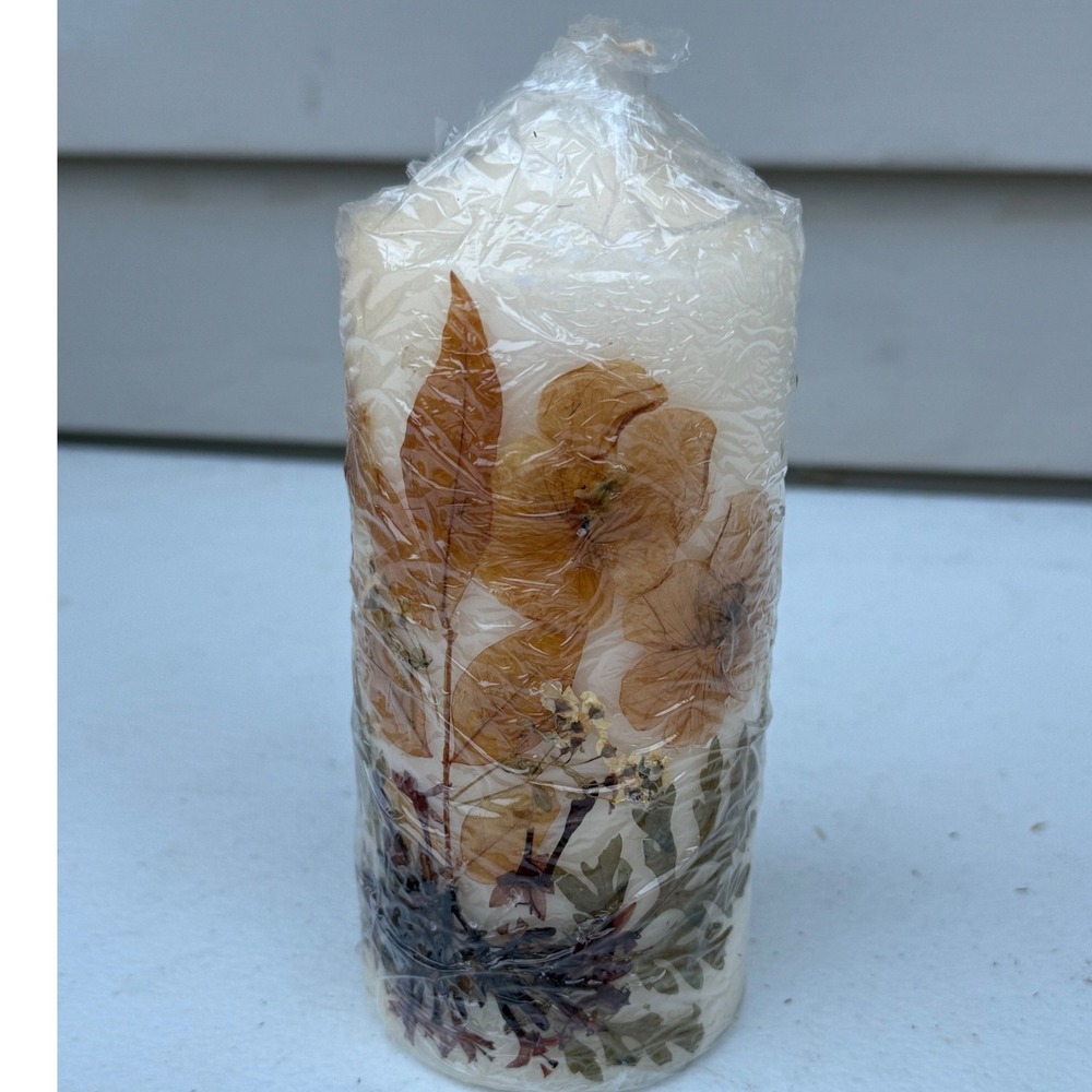 Candle-lite Botanical Pillar Candle Real Pressed Flowers Orange Green 6.5 inch